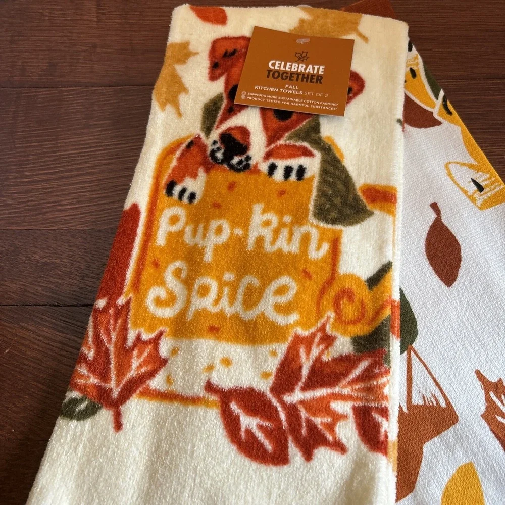 Celebrate Together Set Of 2‎  Fall Kitchen Towels Pup-Kin Spice With Cute Dog-